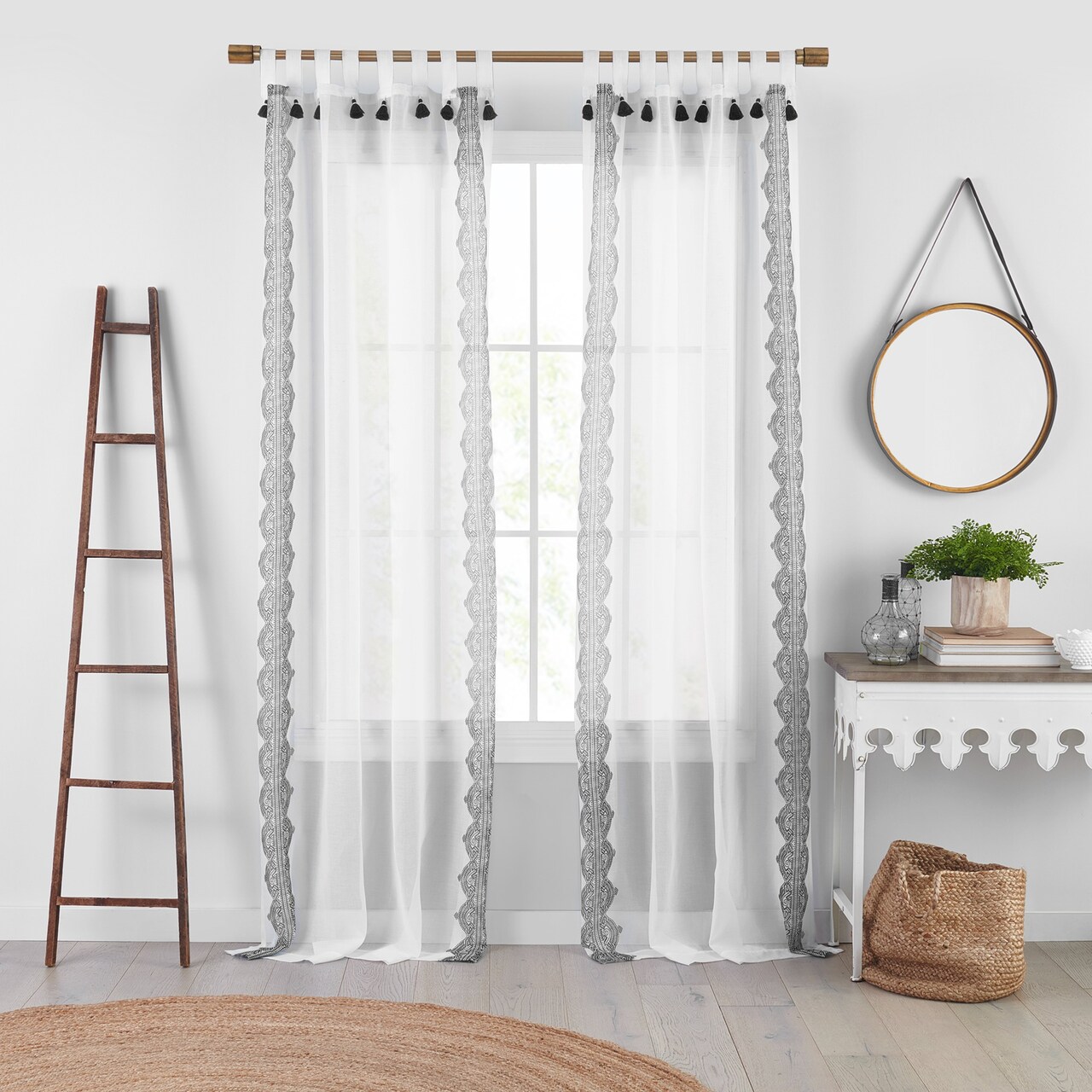 Threadmade Home Shilo Boho Sheer Tab Top Window Curtain Panel with Tassels, Black - 52"W x 84"L